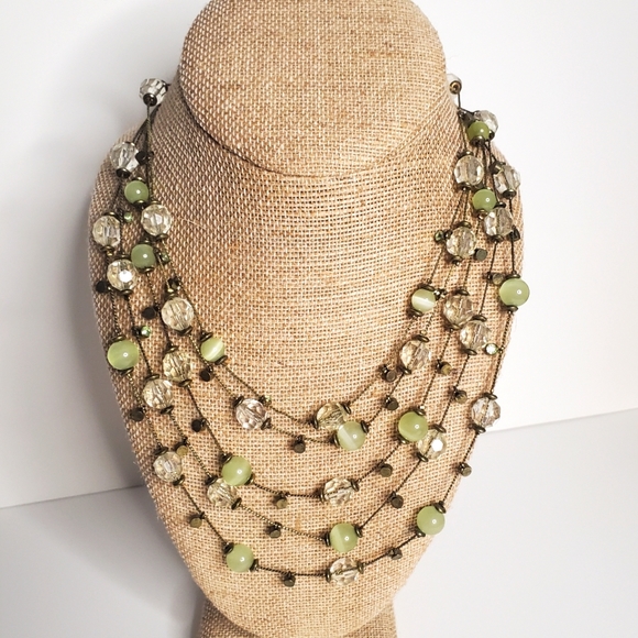 Source Unknown Jewelry - Multi-strand layered beaded necklace with light green beads and clear cr…